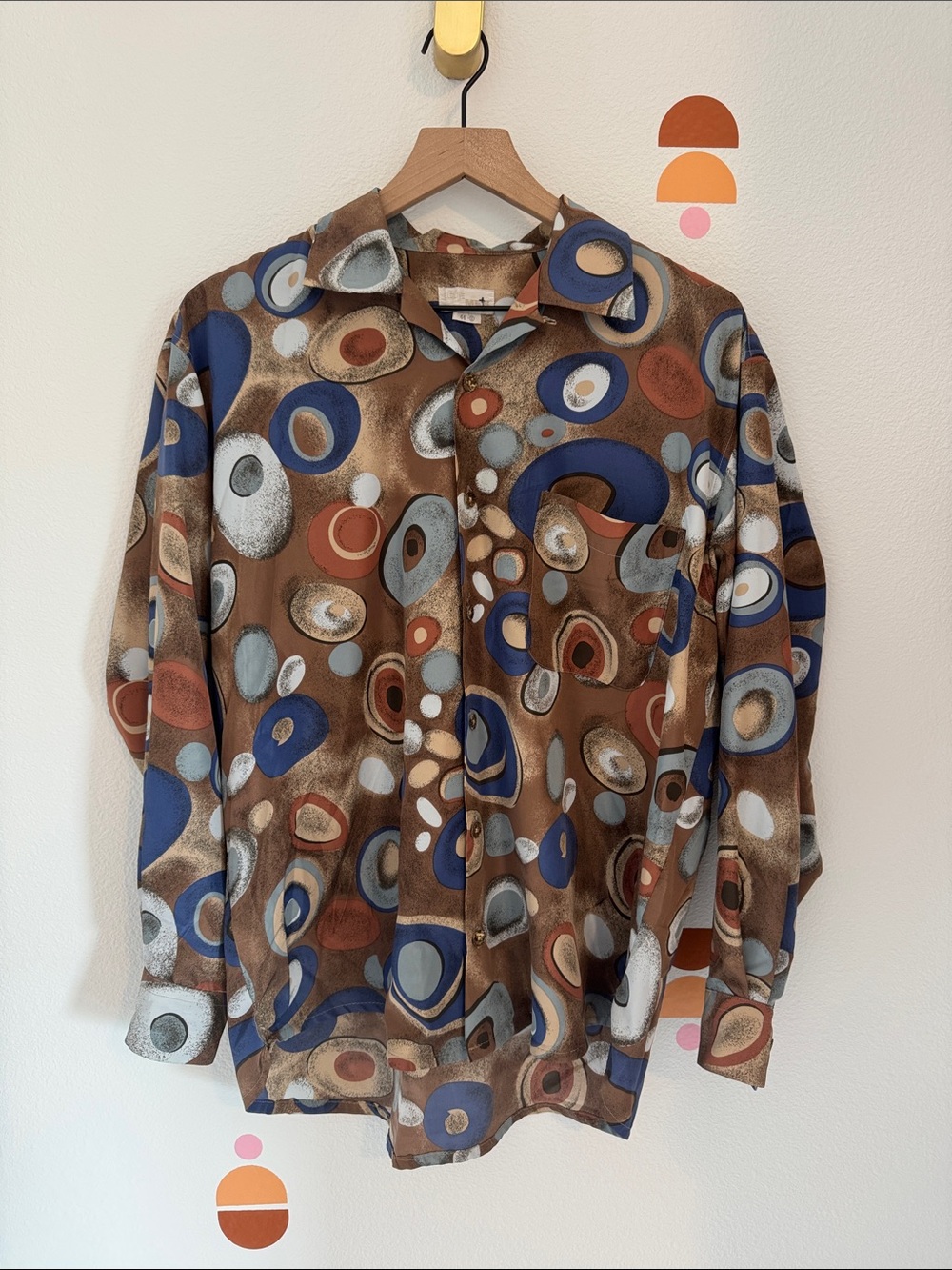 Men's Vintage Abstract Print Button Up Shirt Retro Mod 70s Artsy Blouse N0071